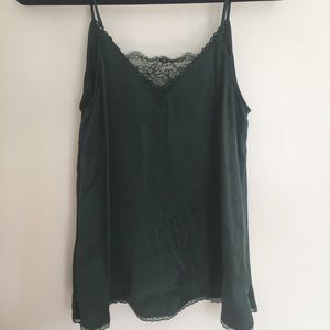 Anthropologie silky emerald green tank w/ lace